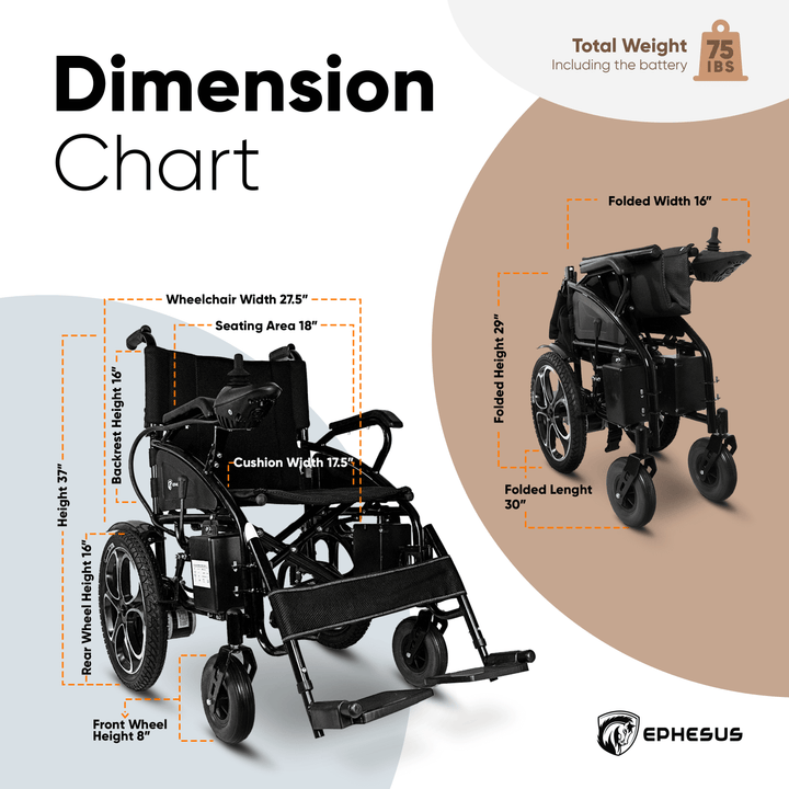 Ephesus X3 Dimension Chart, Lightweight Motorized Wheelchair